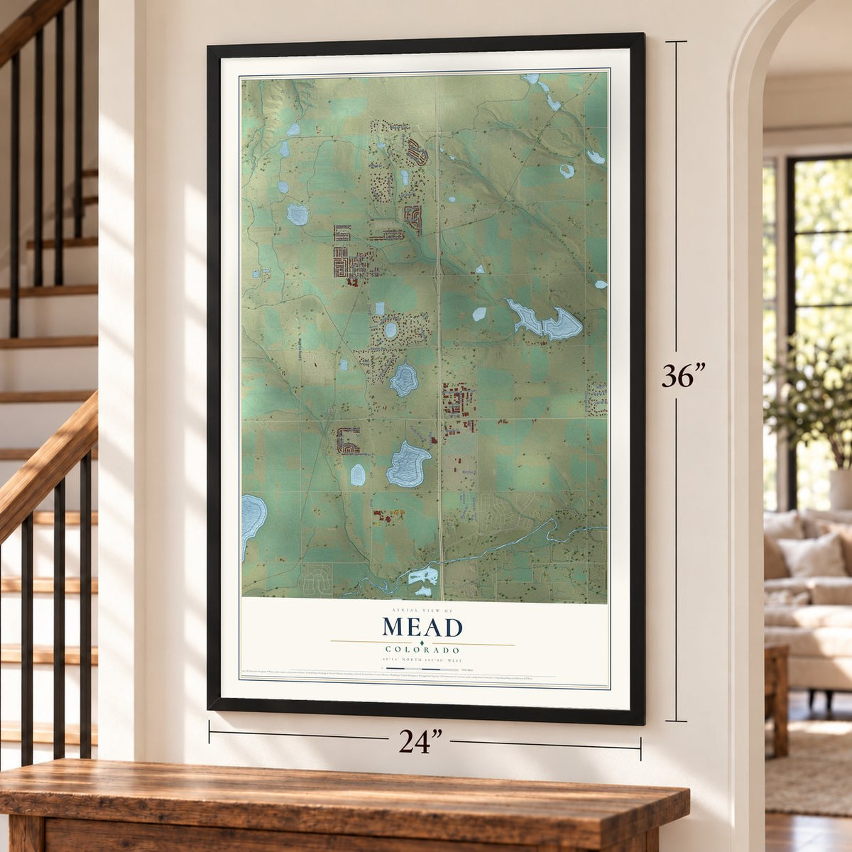 Mead, Colorado map, 24 x 36 inch print in a black frame by a staircase