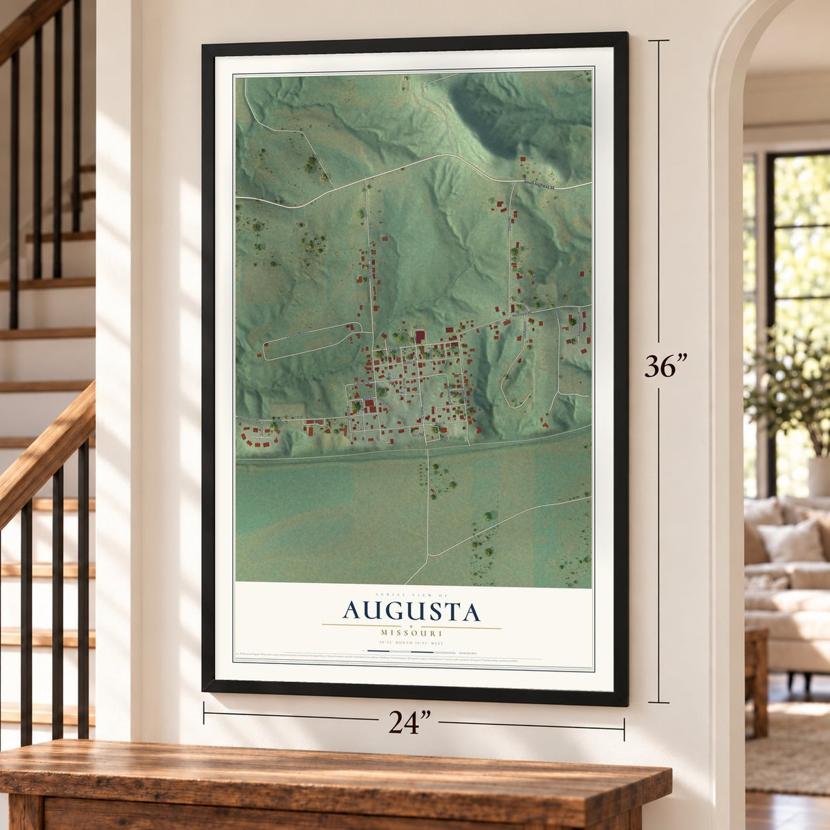 Augusta, Missouri map, 24 x 36 inch print in a black frame by a staircase