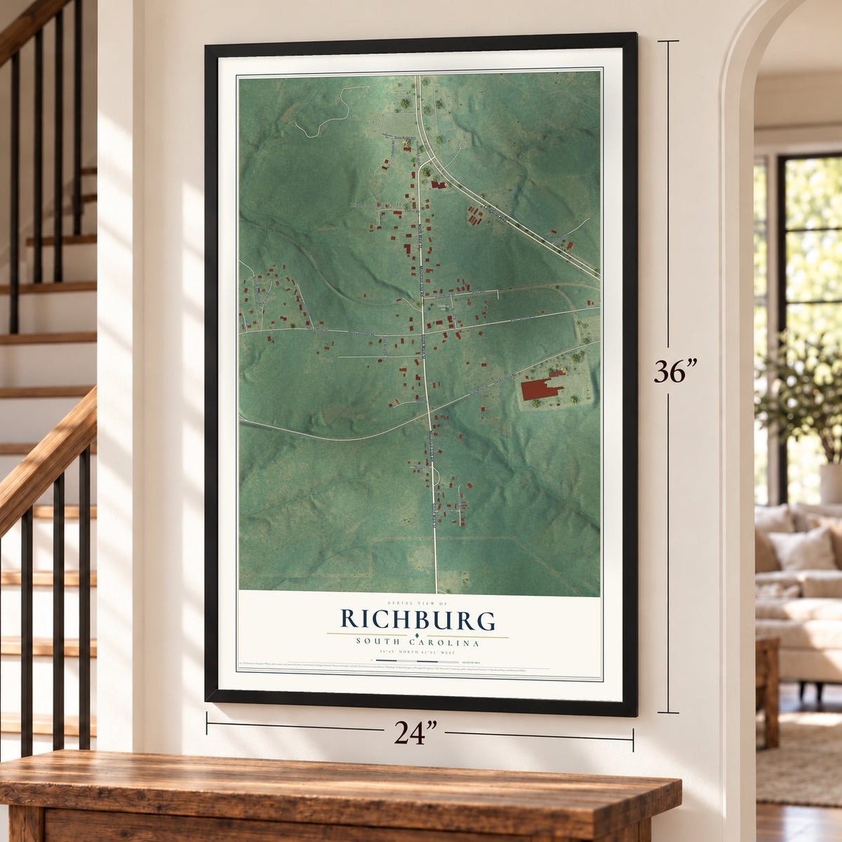 Richburg, South Carolina map, 24 x 36 inch print in a black frame by a staircase