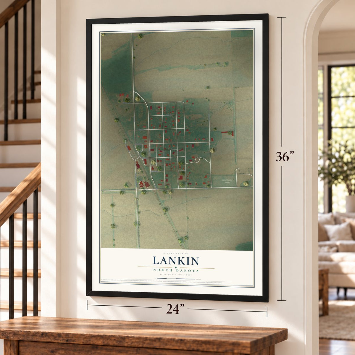 Lankin, North Dakota map, 24 x 36 inch print in a black frame by a staircase