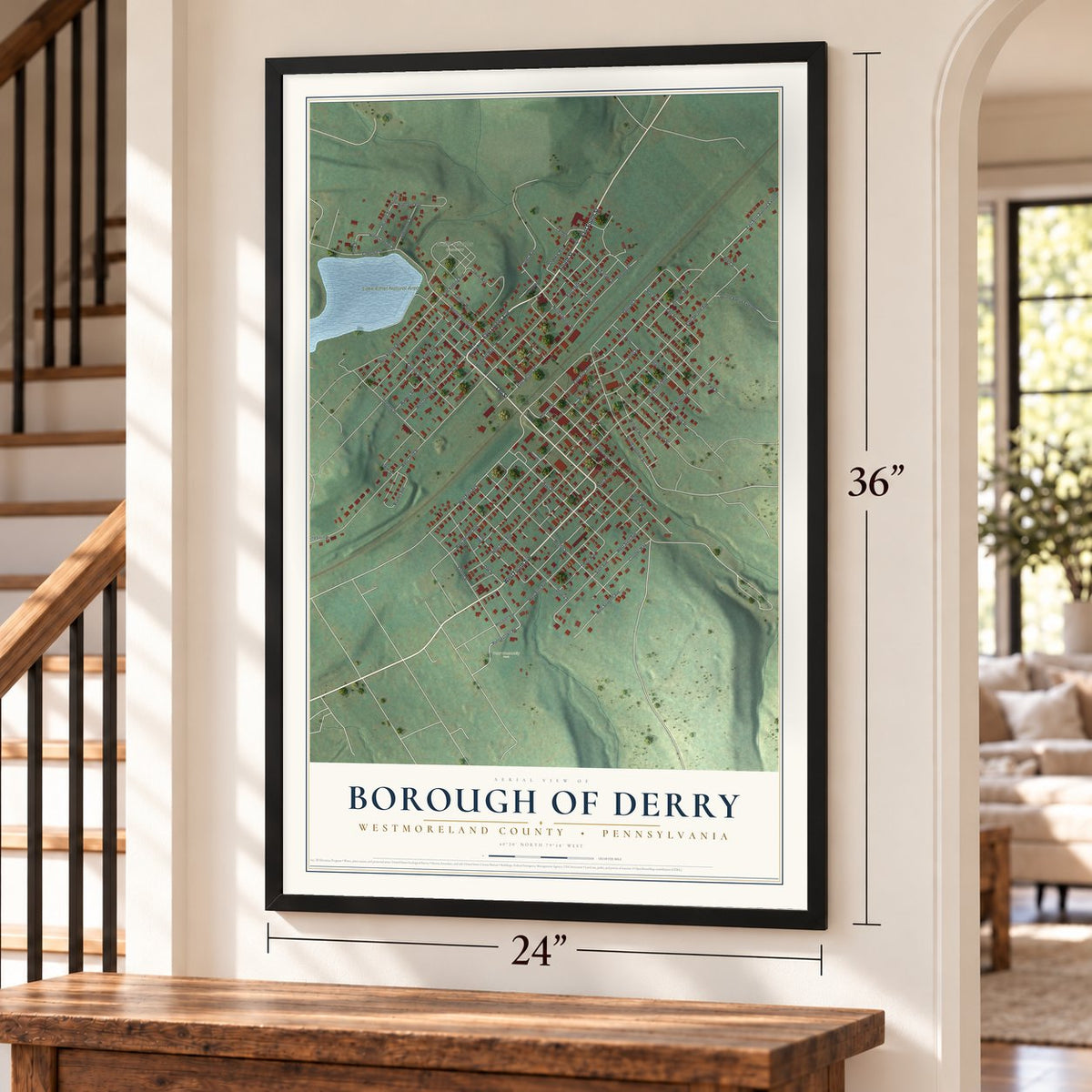 Borough of Derry, Westmoreland County, Pennsylvania map, 24 x 36 inch print in a black frame by a staircase