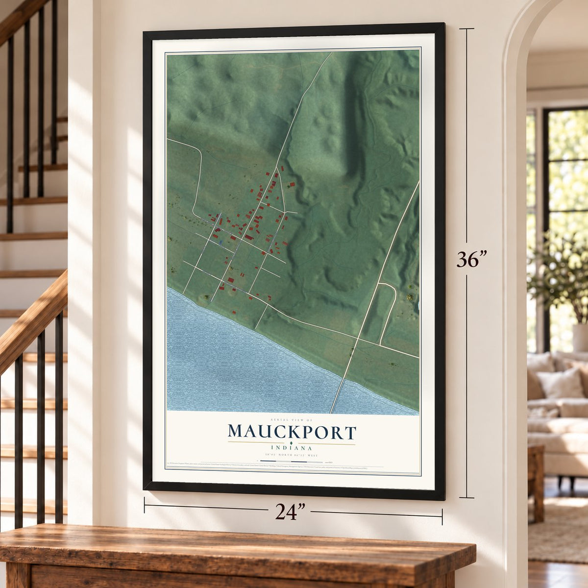 Mauckport, Indiana map, 24 x 36 inch print in a black frame by a staircase