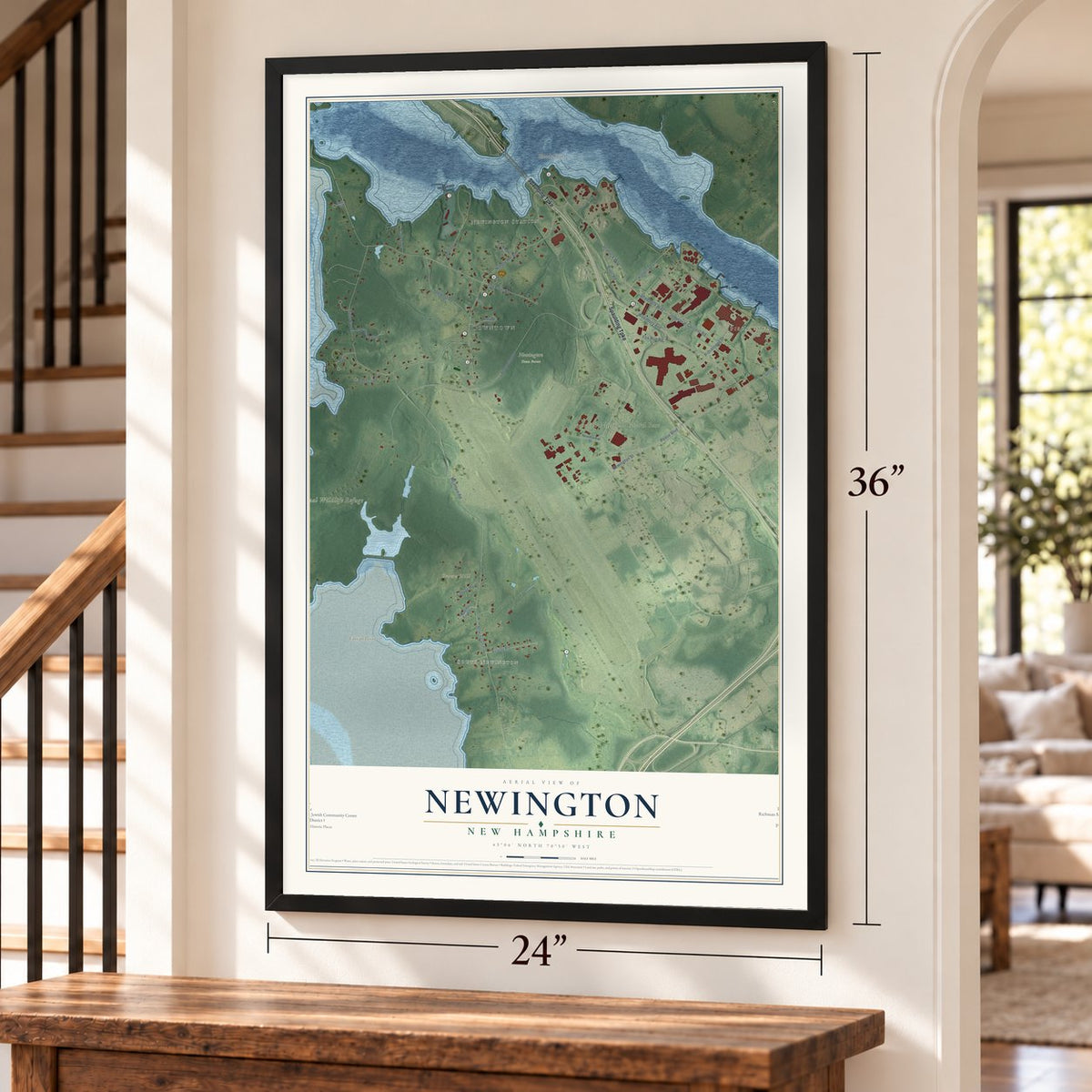 Newington, New Hampshire map, 24 x 36 inch print in a black frame by a staircase