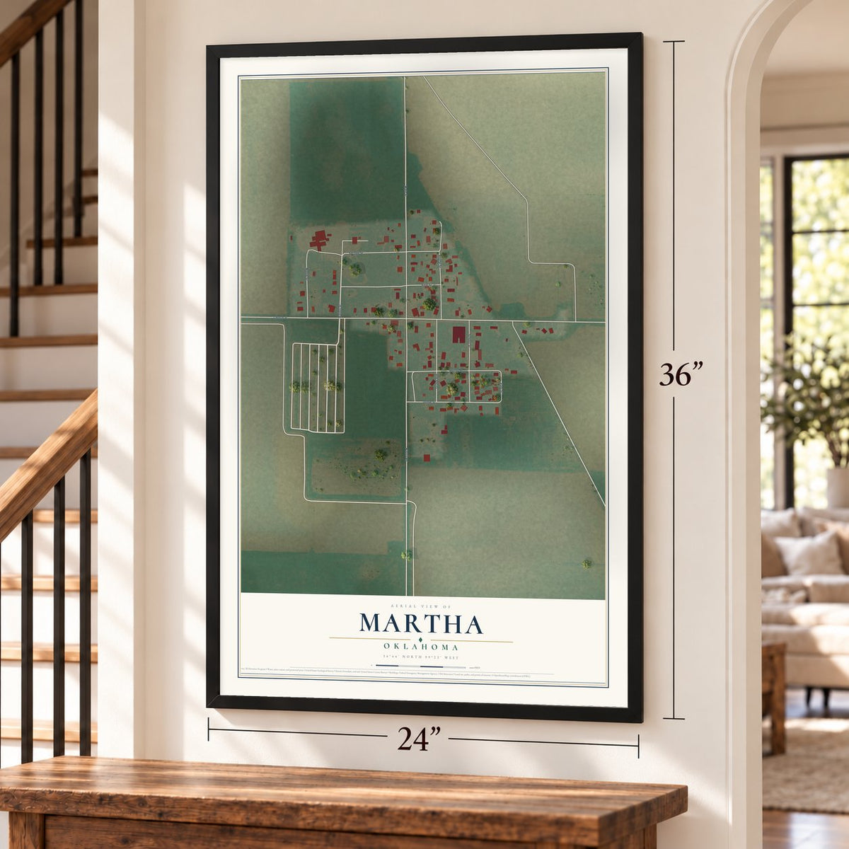 Martha, Oklahoma map, 24 x 36 inch print in a black frame by a staircase