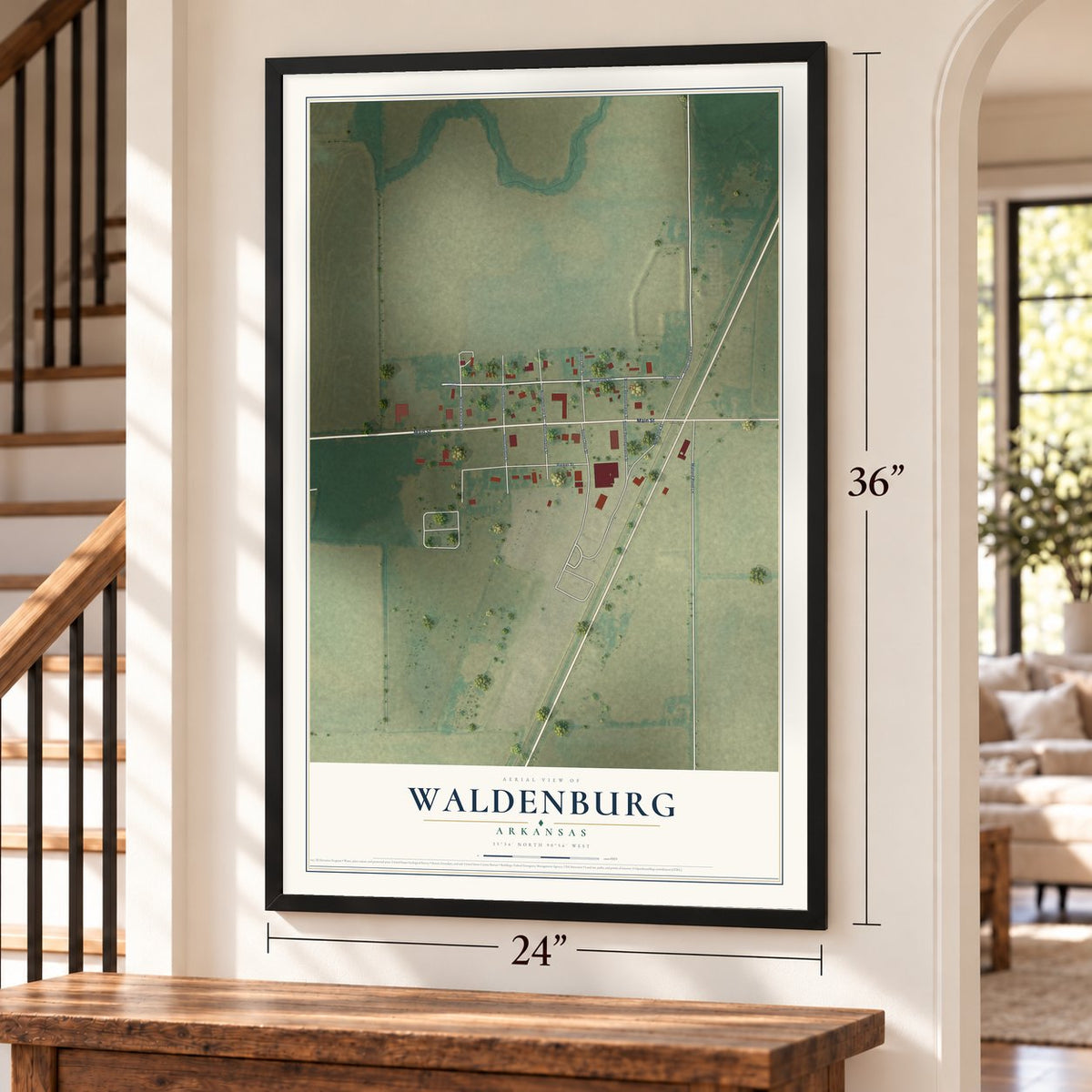 Waldenburg, Arkansas map, 24 x 36 inch print in a black frame by a staircase