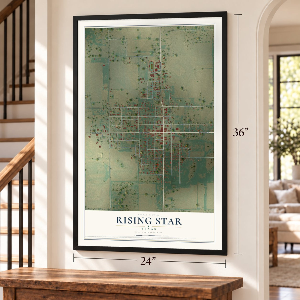 Rising Star, Texas map, 24 x 36 inch print in a black frame by a staircase