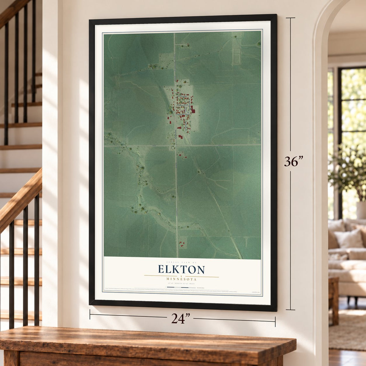 Elkton, Minnesota map, 24 x 36 inch print in a black frame by a staircase