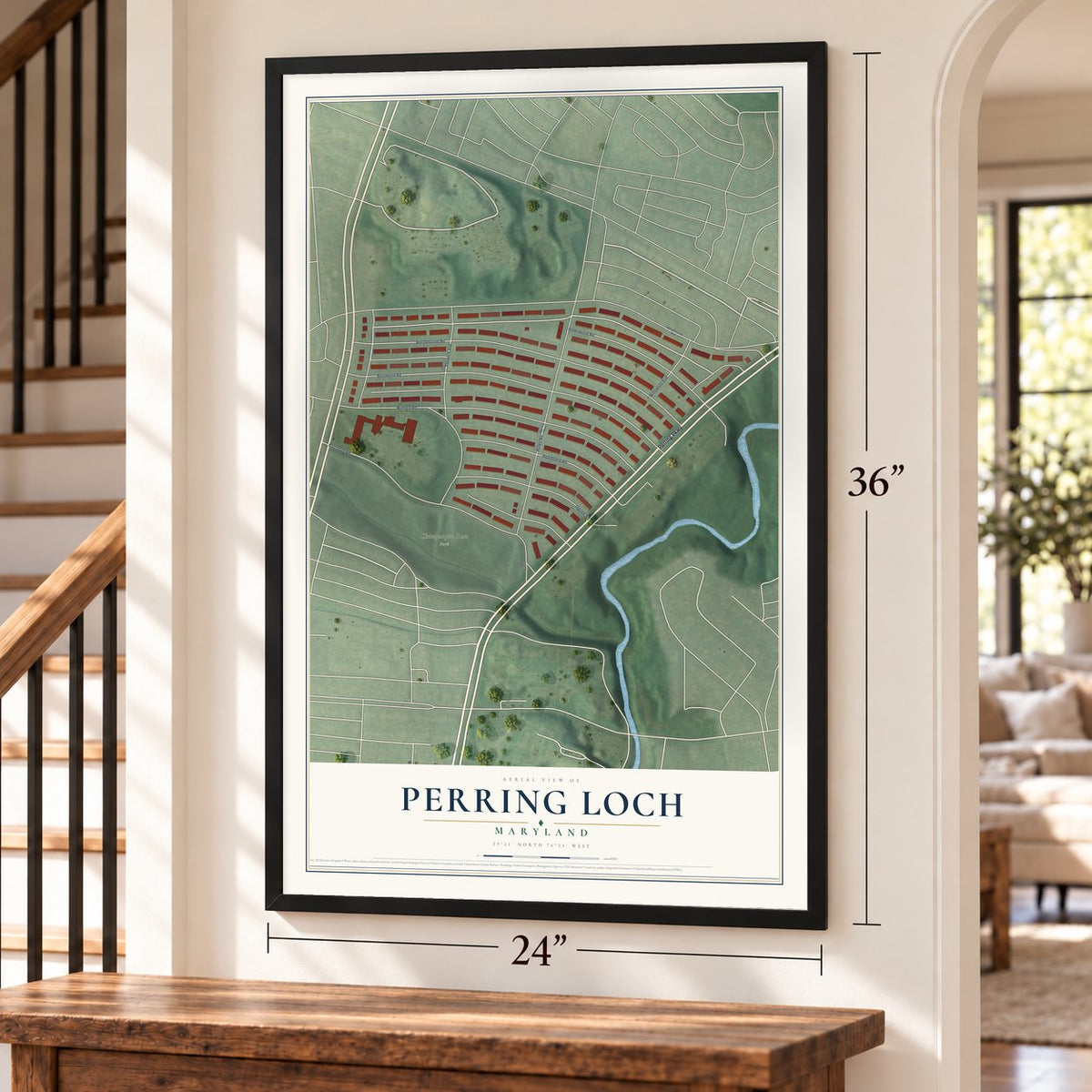 Perring Loch, Maryland map, 24 x 36 inch print in a black frame by a staircase