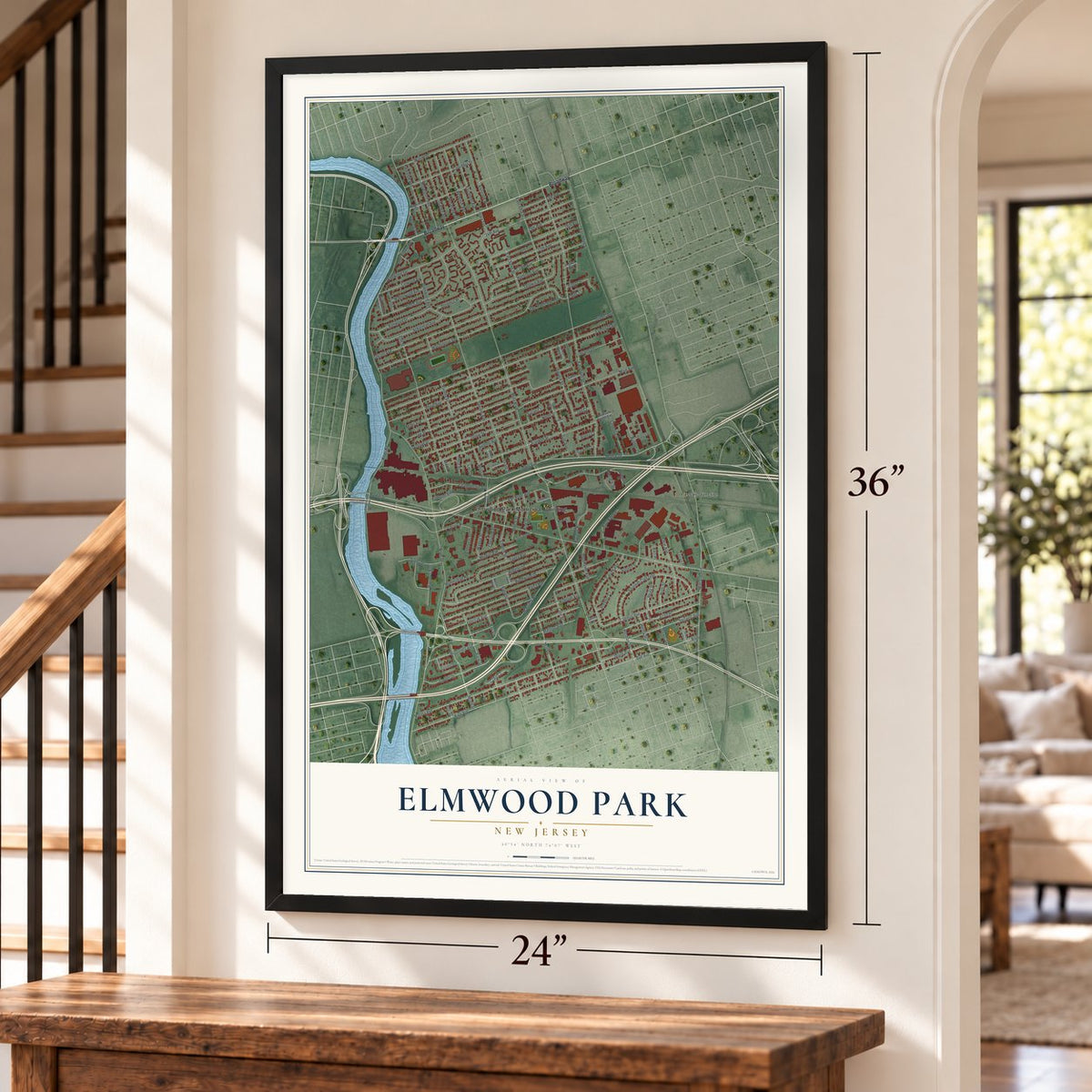 Elmwood Park, New Jersey map, 24 x 36 inch print in a black frame by a staircase