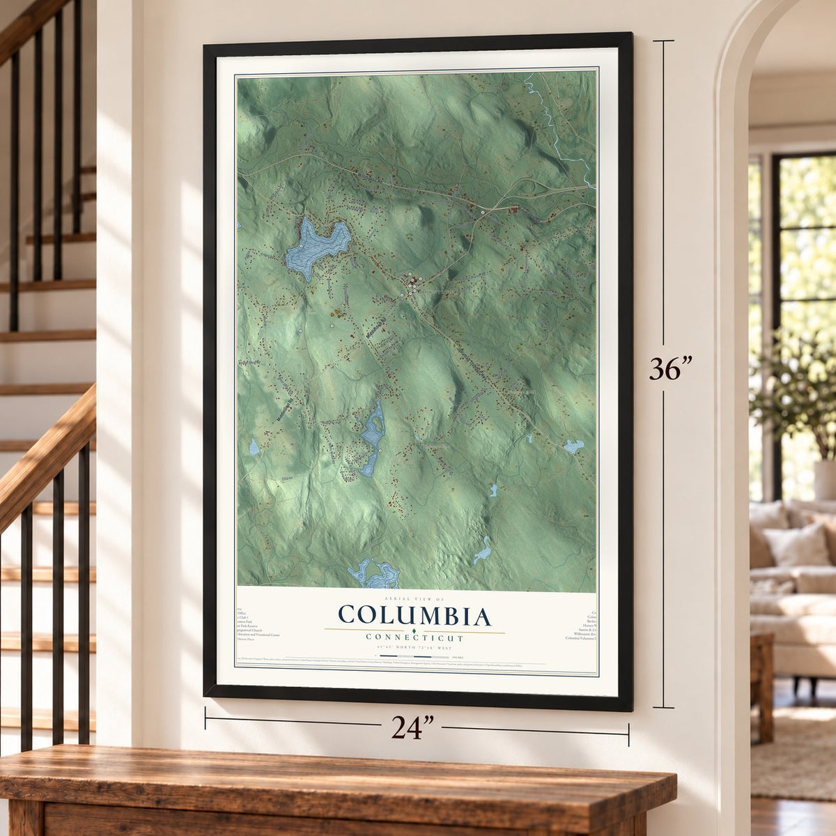 Columbia, Connecticut map, 24 x 36 inch print in a black frame by a staircase