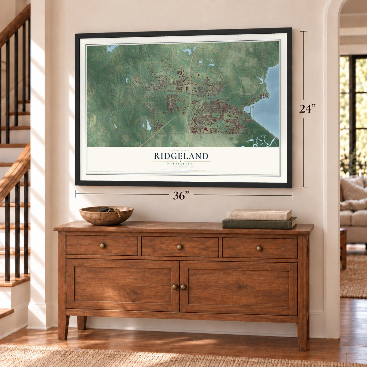 Ridgeland, Mississippi map, 24 x 36 inch print in a black frame above a dresser by a staircase