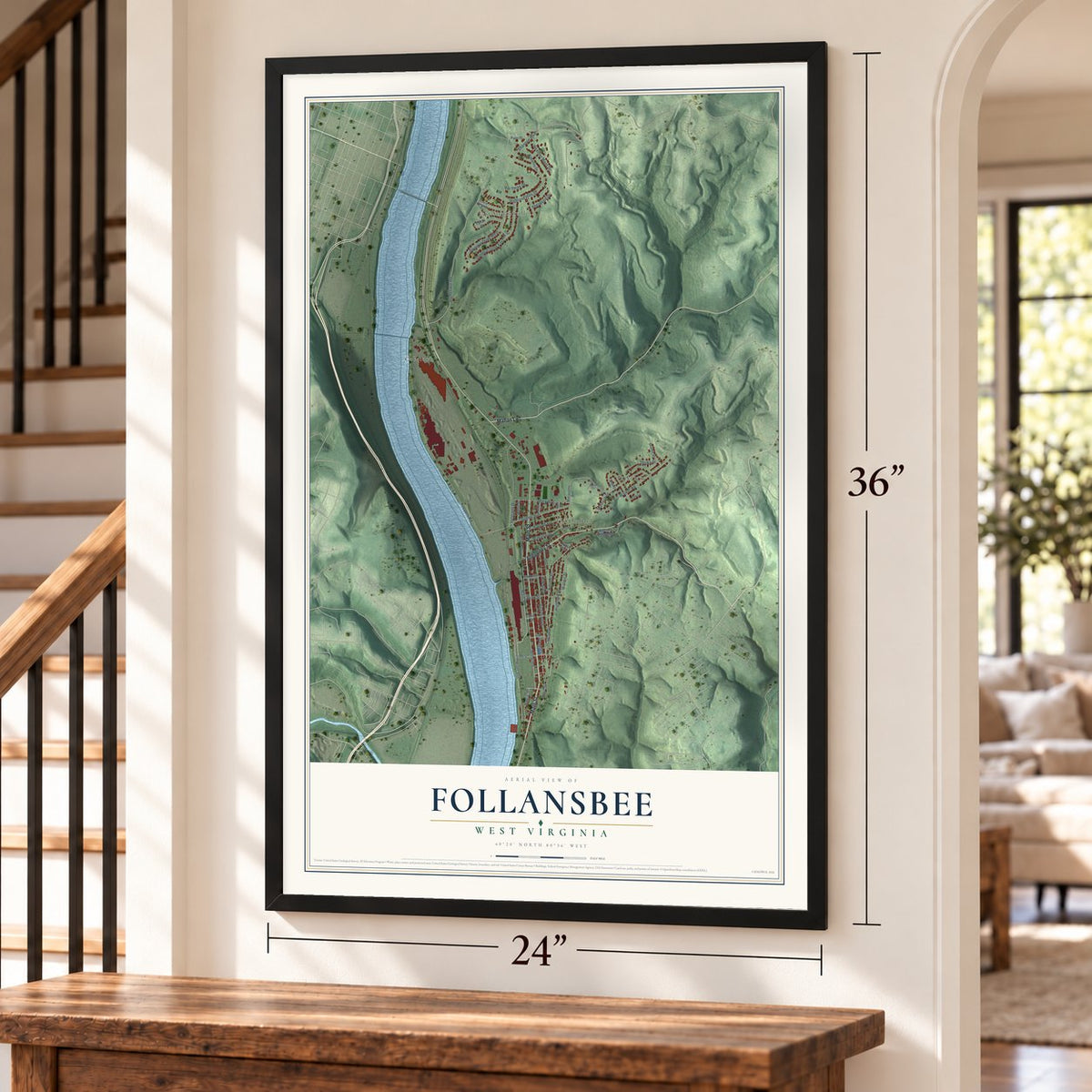 Follansbee, West Virginia map, 24 x 36 inch print in a black frame by a staircase