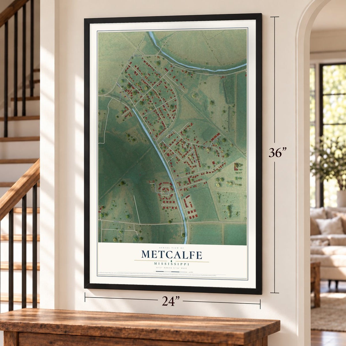Metcalfe, Mississippi map, 24 x 36 inch print in a black frame by a staircase