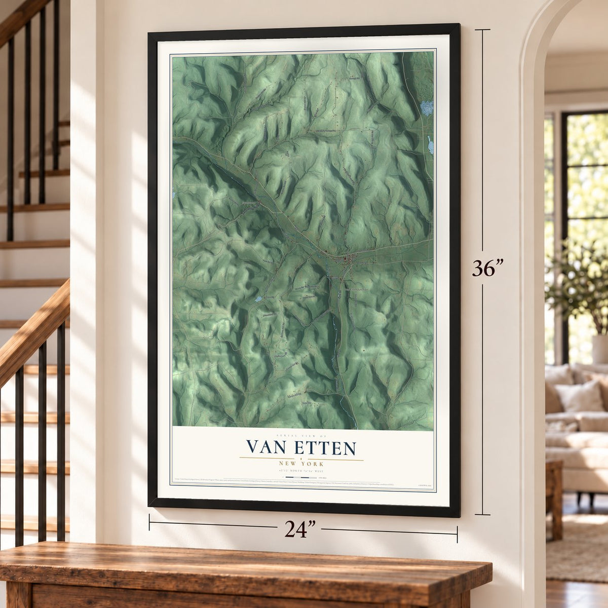 Van Etten, New York map, 24 x 36 inch print in a black frame by a staircase