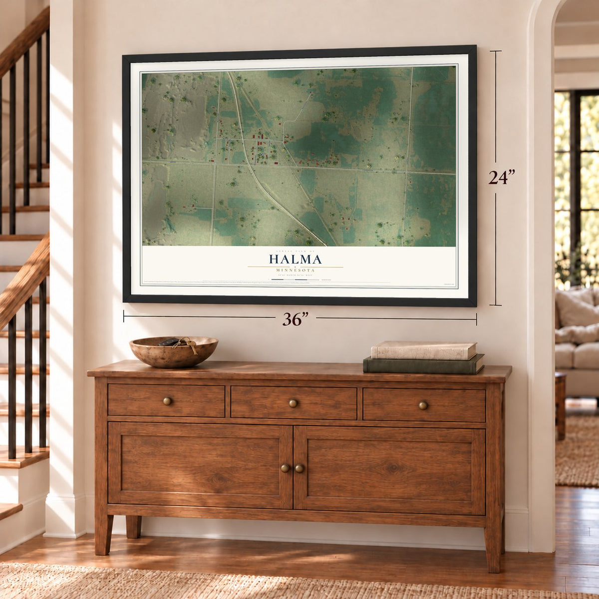 Halma, Minnesota map, 24 x 36 inch print in a black frame above a dresser by a staircase