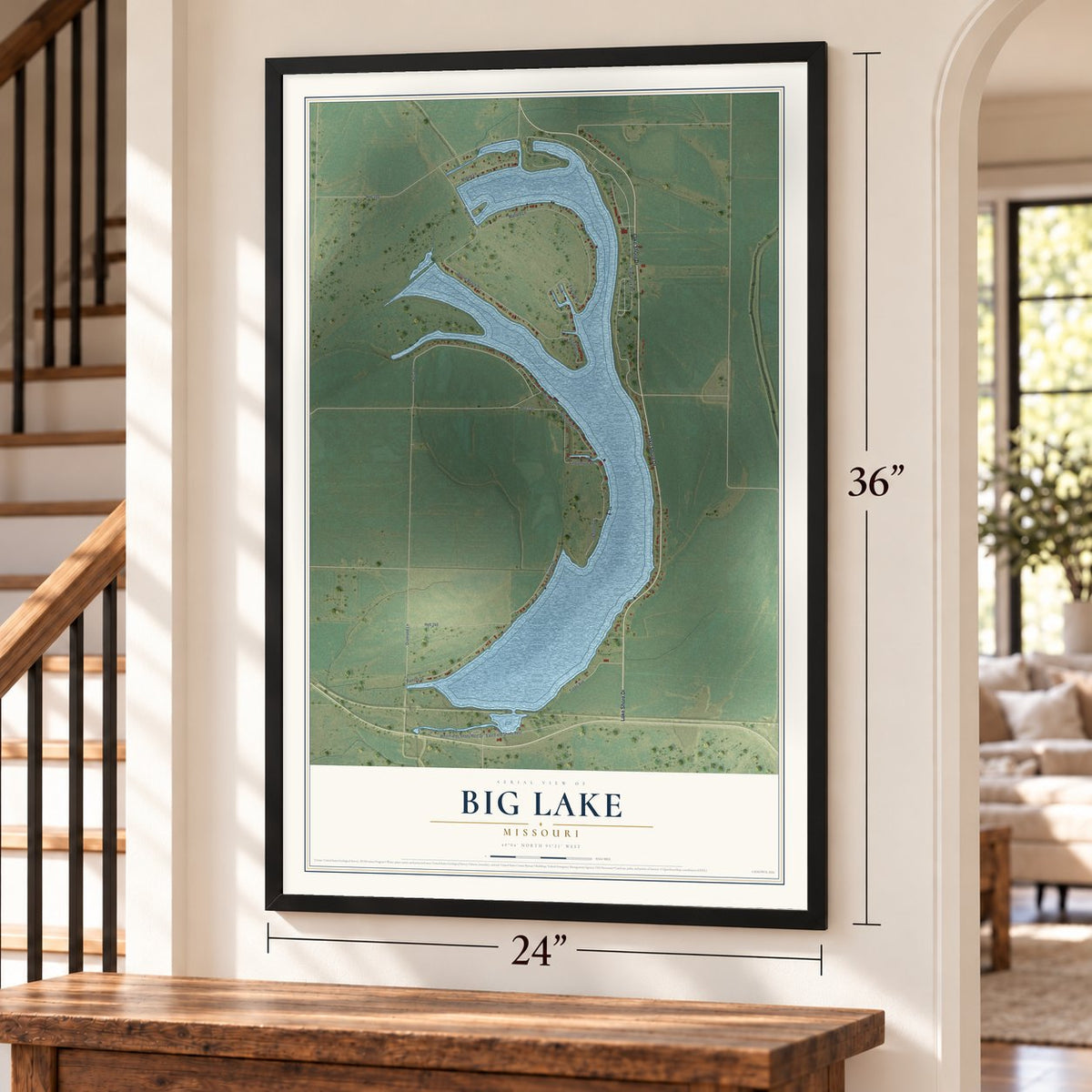Big Lake, Missouri map, 24 x 36 inch print in a black frame by a staircase