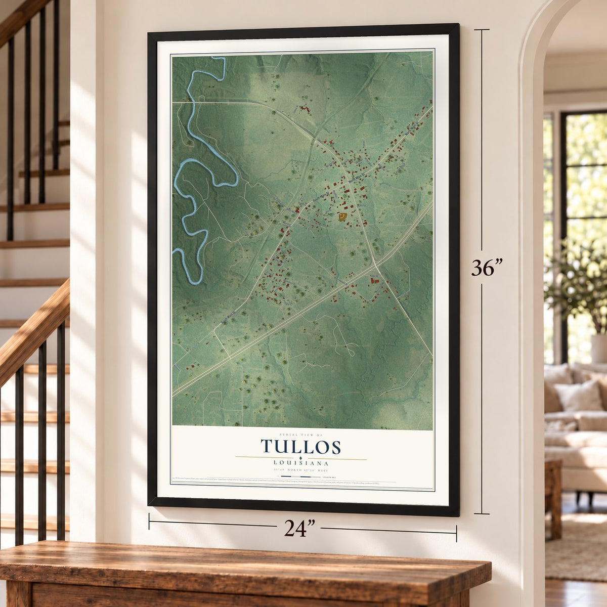 Tullos, Louisiana map, 24 x 36 inch print in a black frame by a staircase