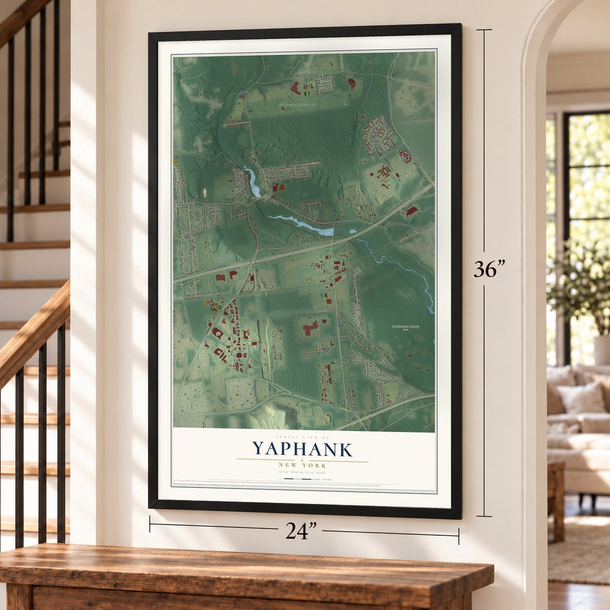 Yaphank, New York map, 24 x 36 inch print in a black frame by a staircase