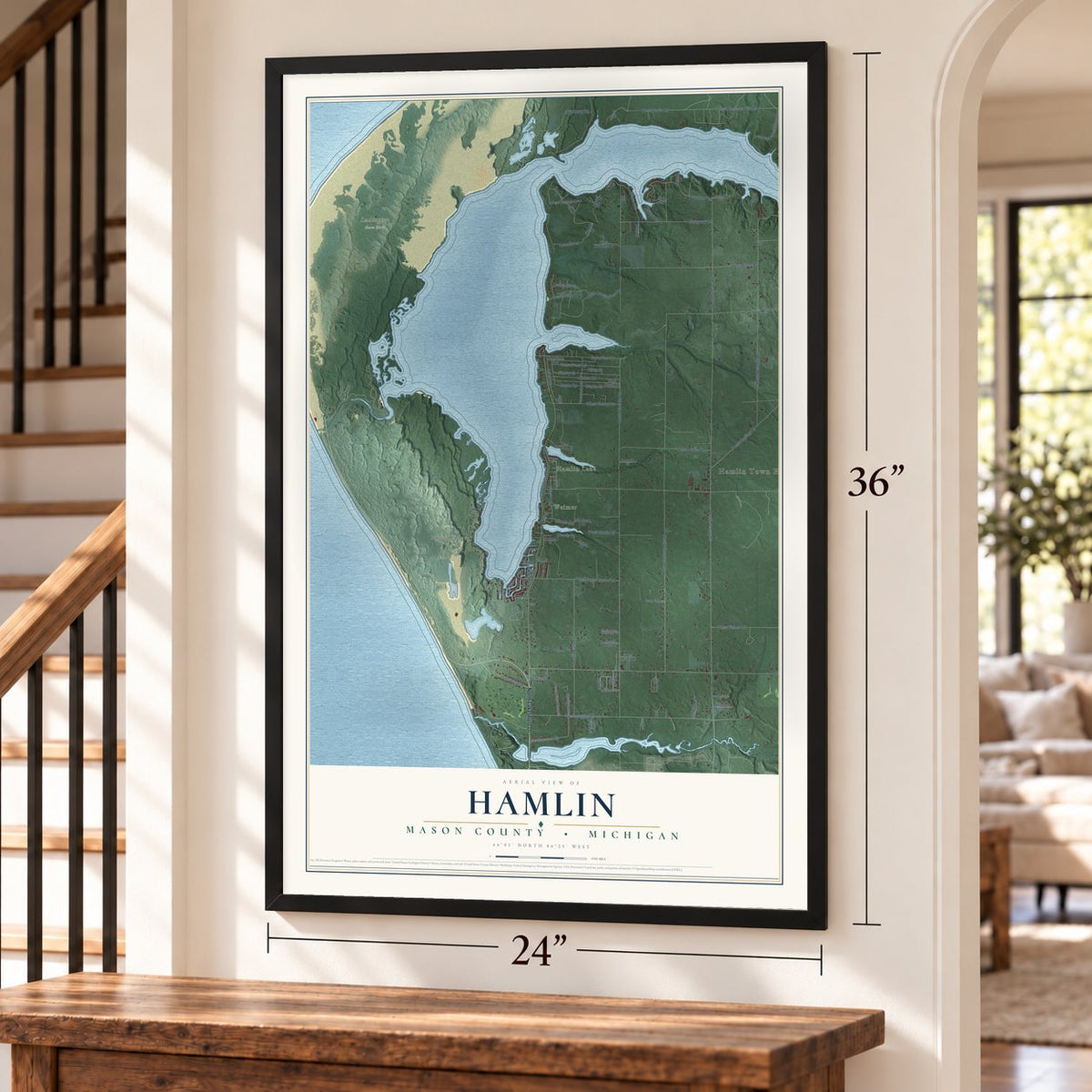 Hamlin, Mason County, Michigan map, 24 x 36 inch print in a black frame by a staircase