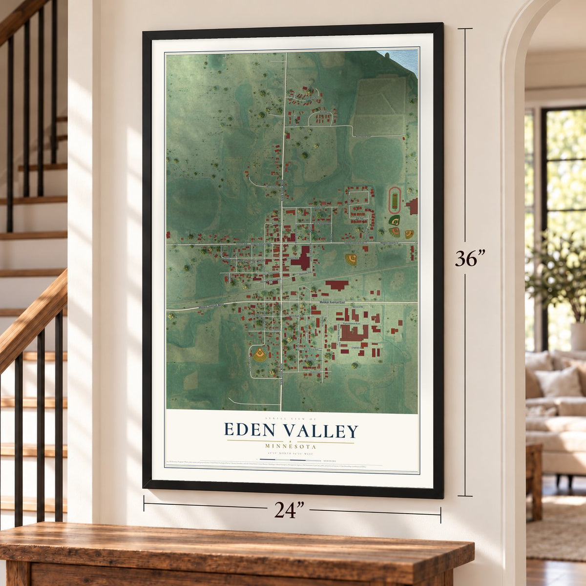 Eden Valley, Minnesota map, 24 x 36 inch print in a black frame by a staircase