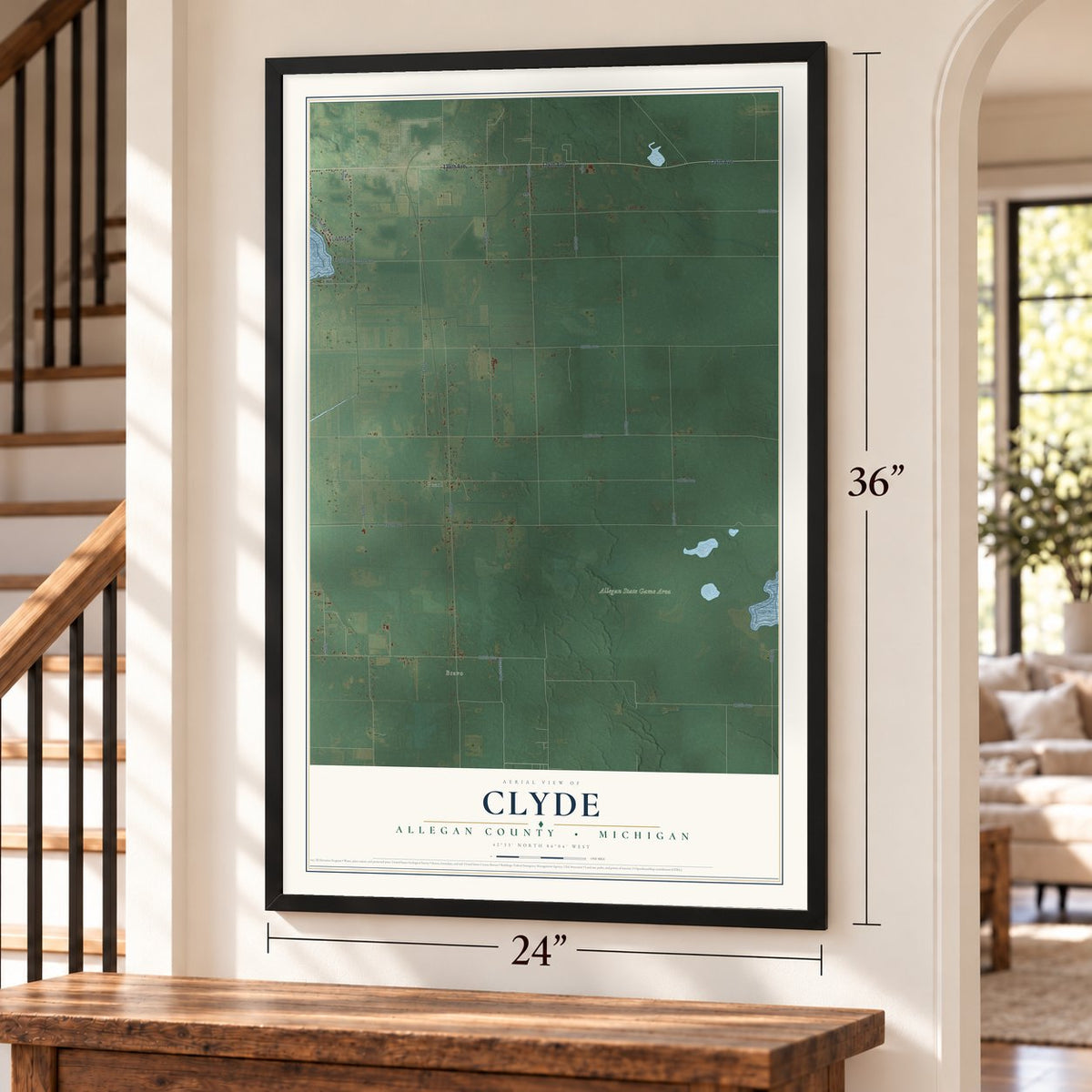Clyde, Allegan County, Michigan map, 24 x 36 inch print in a black frame by a staircase