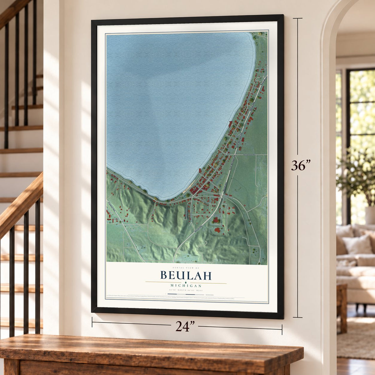 Beulah, Michigan map, 24 x 36 inch print in a black frame by a staircase