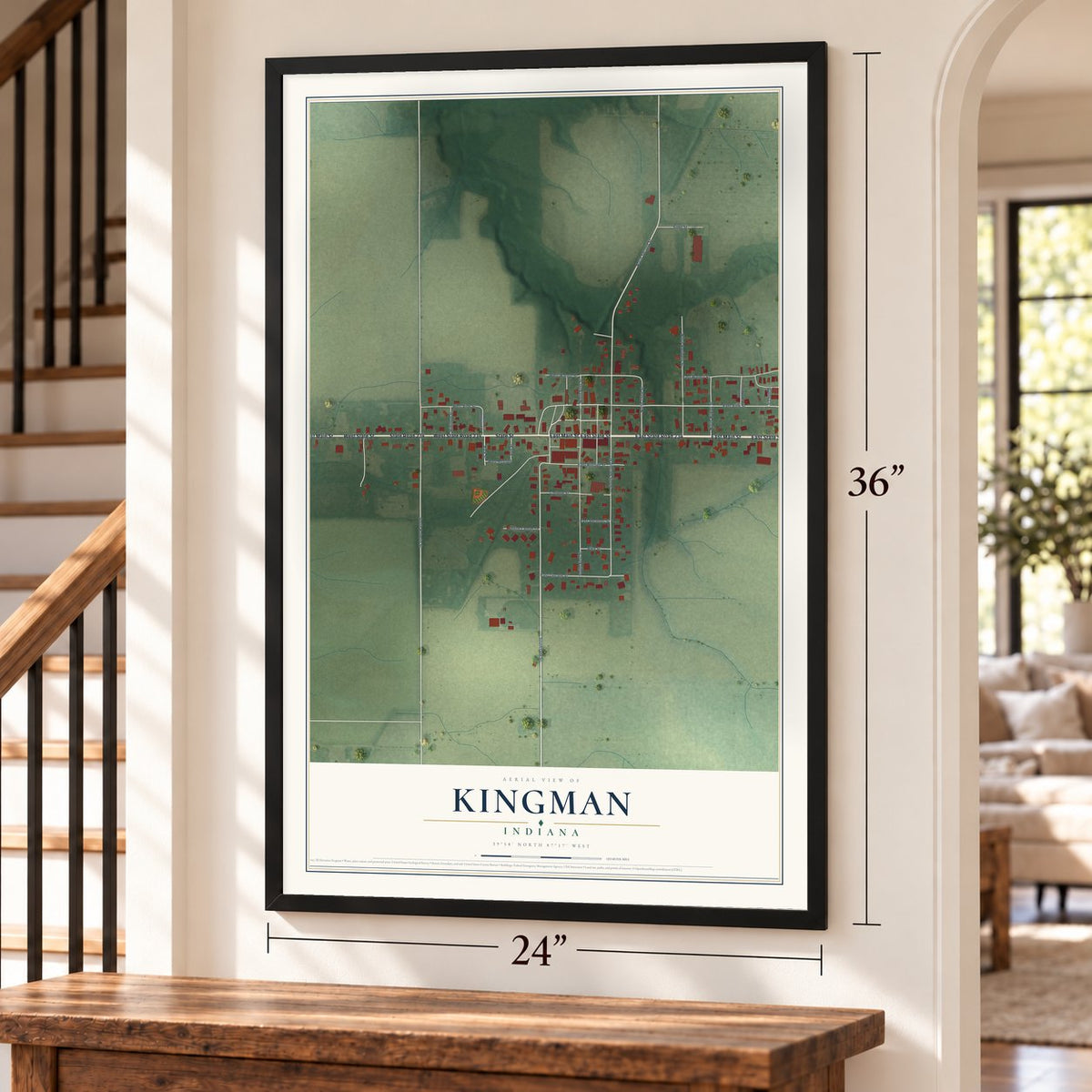 Kingman, Indiana map, 24 x 36 inch print in a black frame by a staircase