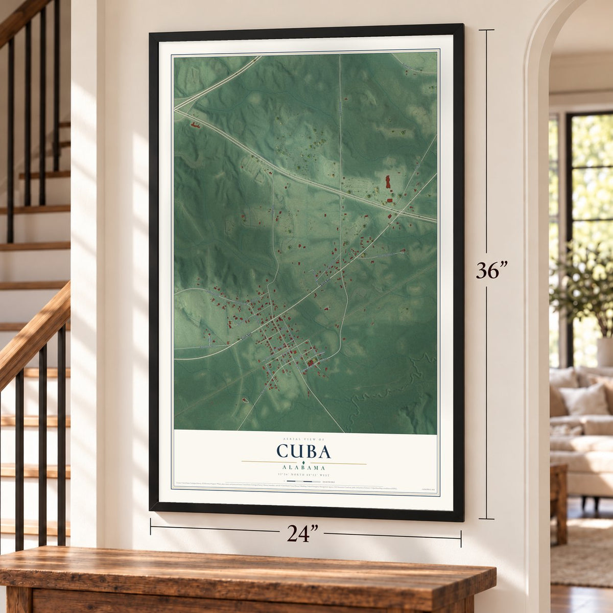 Cuba, Alabama map, 24 x 36 inch print in a black frame by a staircase