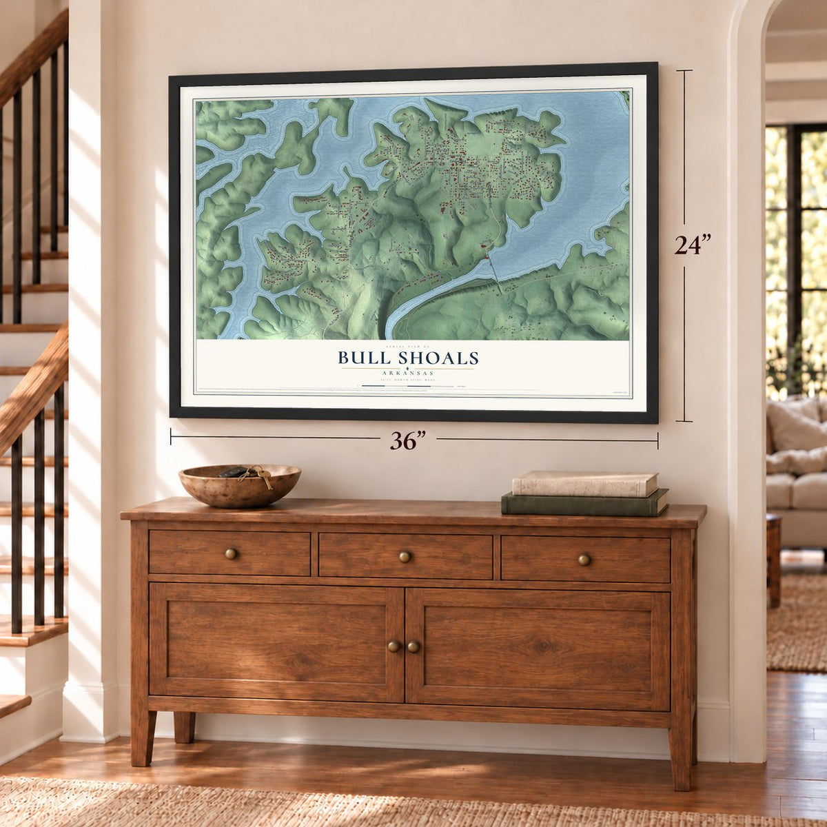Bull Shoals, Arkansas map, 24 x 36 inch print in a black frame above a dresser by a staircase
