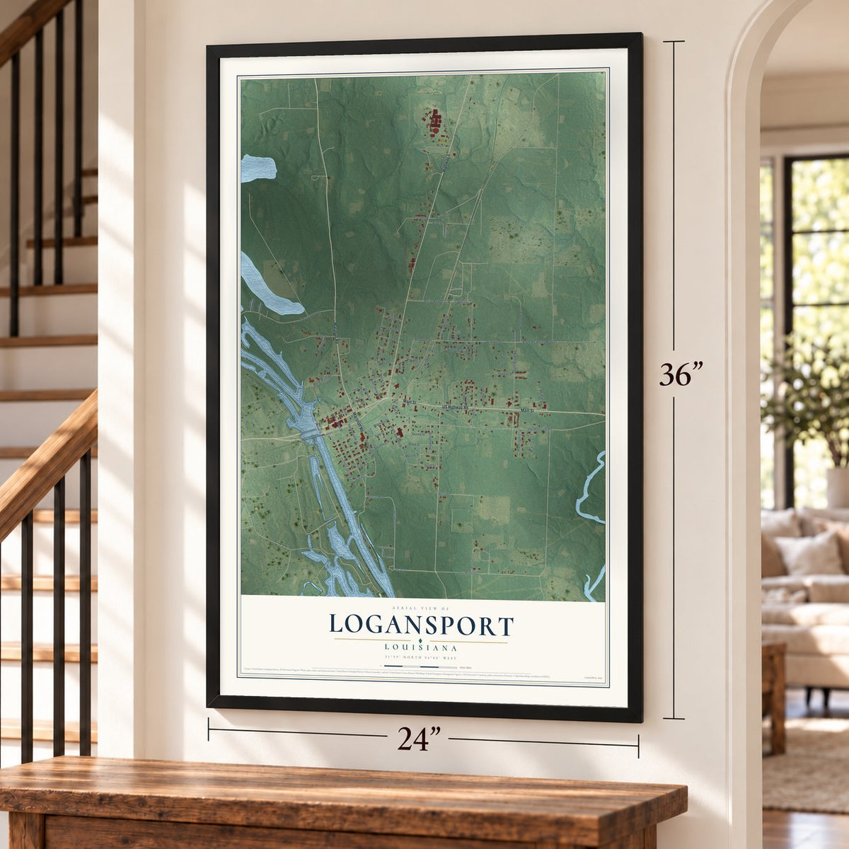 Logansport, Louisiana map, 24 x 36 inch print in a black frame by a staircase