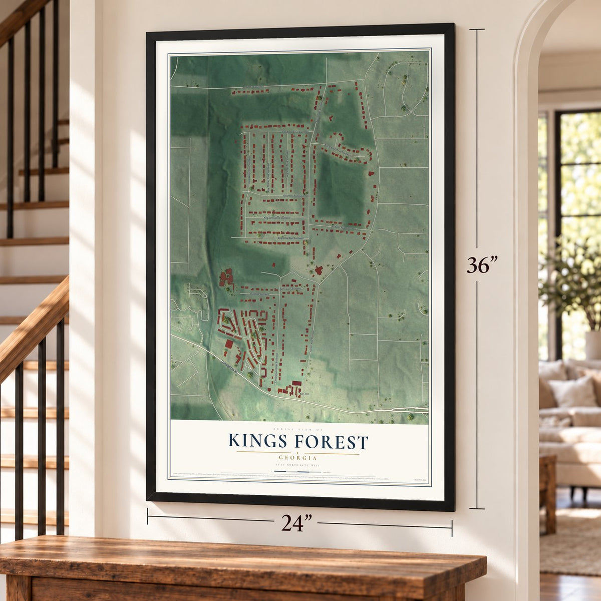 Kings Forest, Georgia map, 24 x 36 inch print in a black frame by a staircase