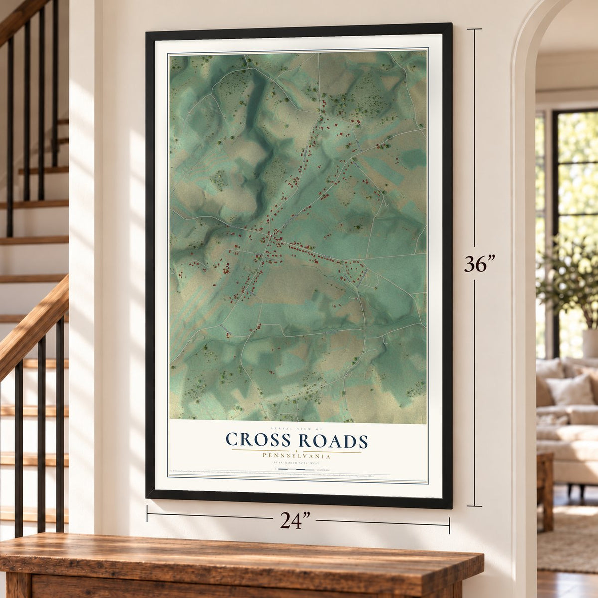 Cross Roads, Pennsylvania map, 24 x 36 inch print in a black frame by a staircase