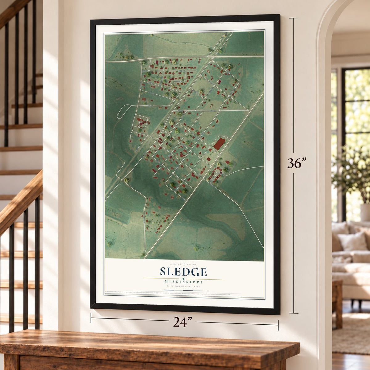 Sledge, Mississippi map, 24 x 36 inch print in a black frame by a staircase