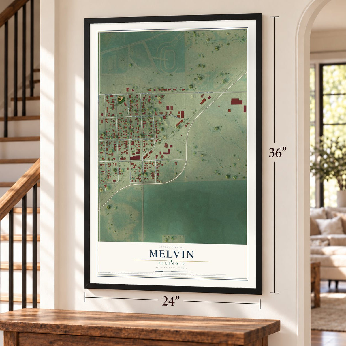 Melvin, Illinois map, 24 x 36 inch print in a black frame by a staircase