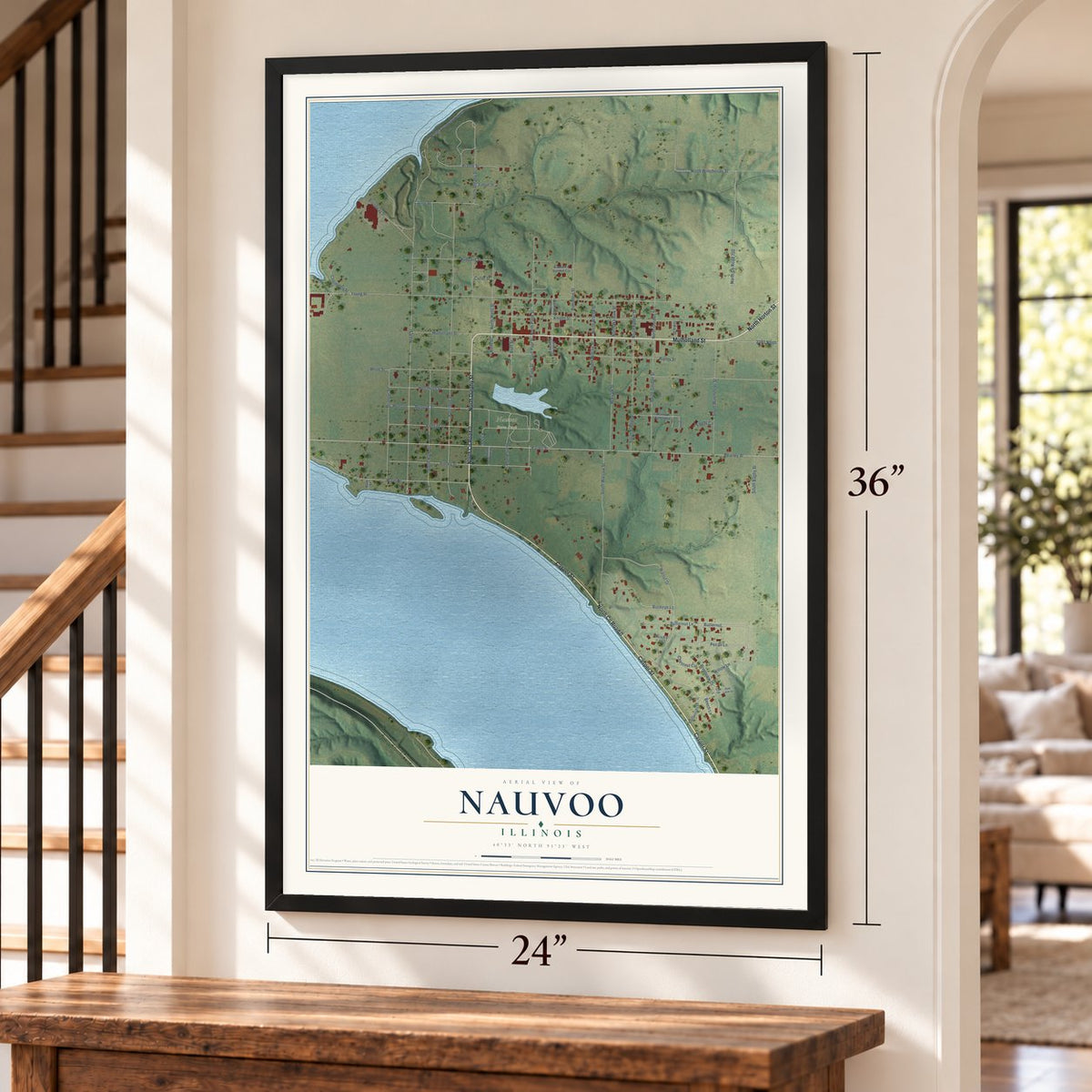 Nauvoo, Illinois map, 24 x 36 inch print in a black frame by a staircase