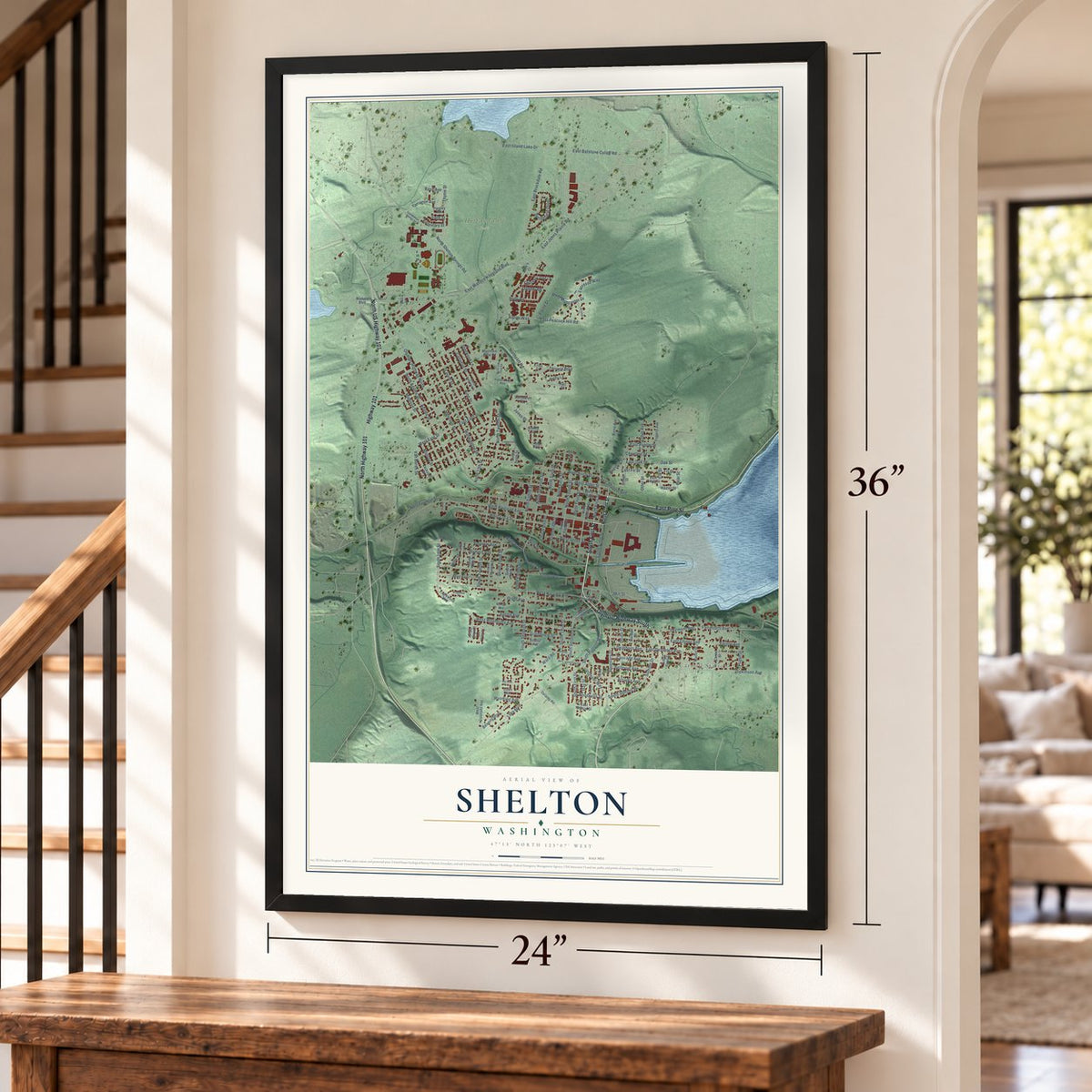 Shelton, Washington map, 24 x 36 inch print in a black frame by a staircase