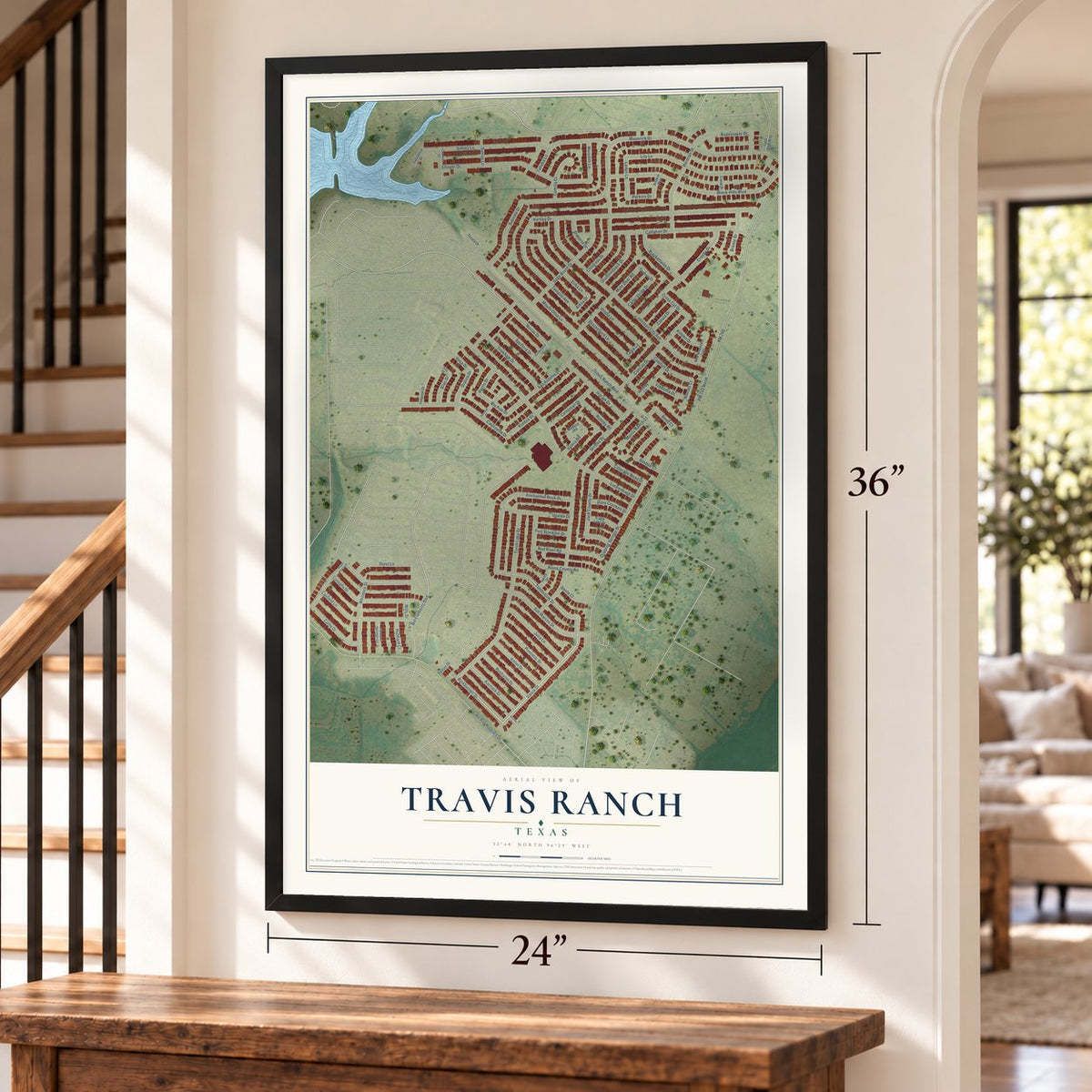 Travis Ranch, Texas map, 24 x 36 inch print in a black frame by a staircase