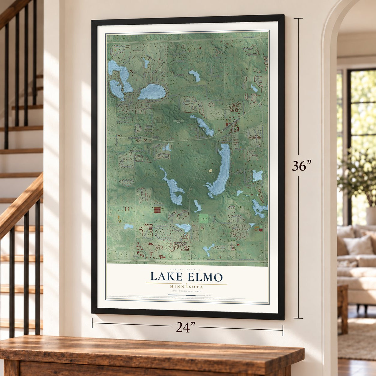 Lake Elmo, Minnesota map, 24 x 36 inch print in a black frame by a staircase