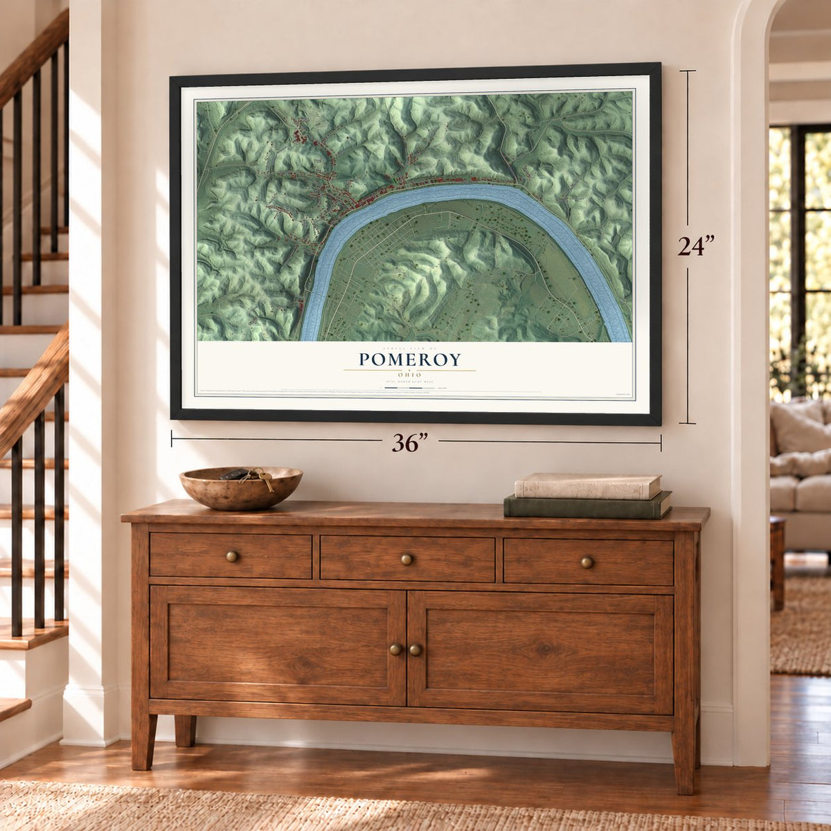 Pomeroy, Ohio map, 24 x 36 inch print in a black frame above a dresser by a staircase