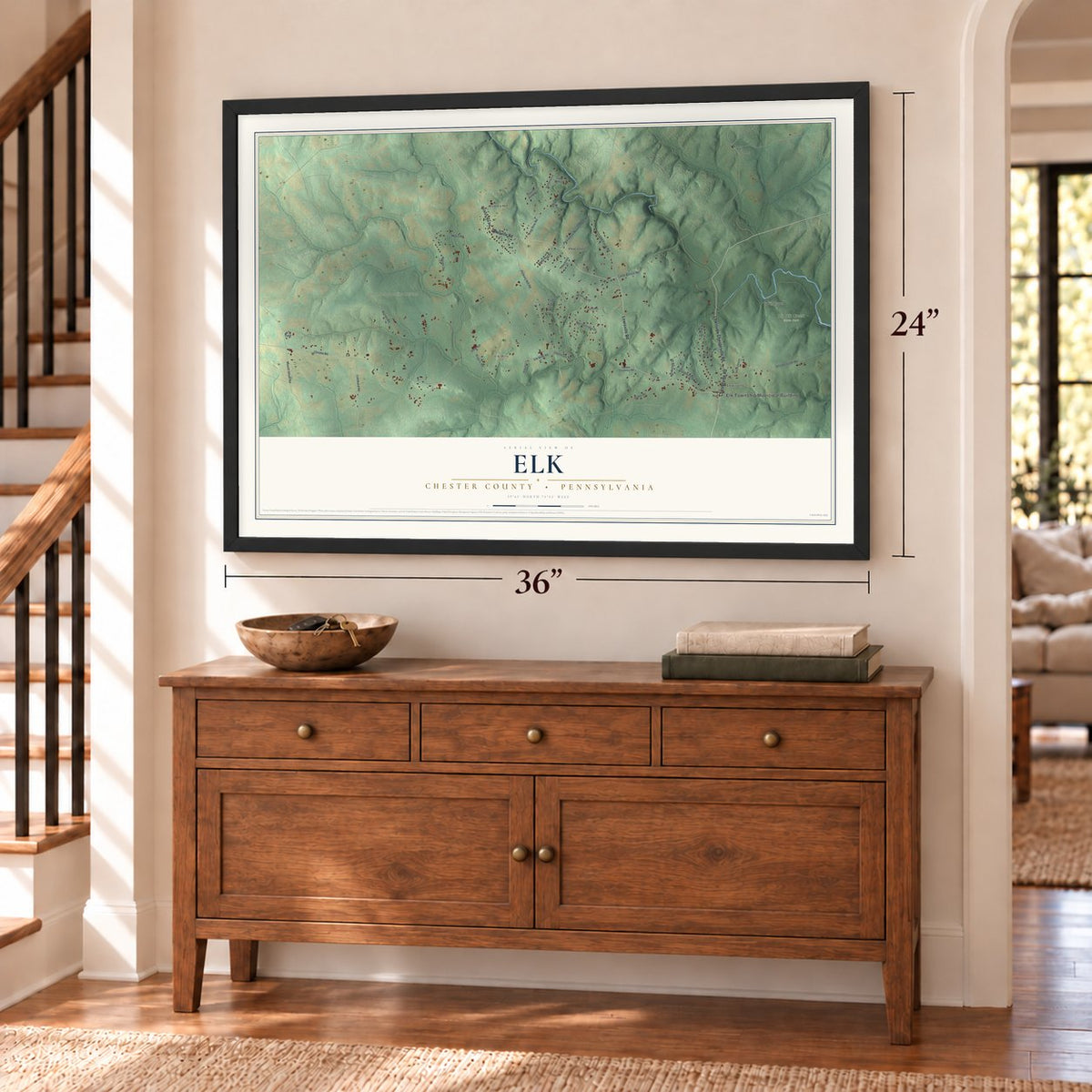 Elk, Chester County, Pennsylvania map, 24 x 36 inch print in a black frame above a dresser by a staircase