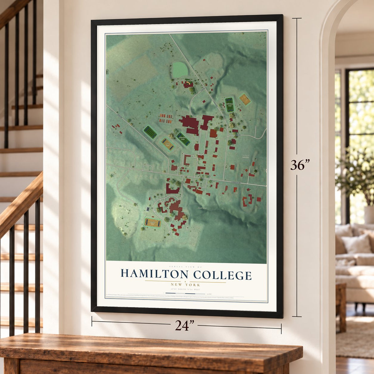 Hamilton College, New York map, 24 x 36 inch print in a black frame by a staircase