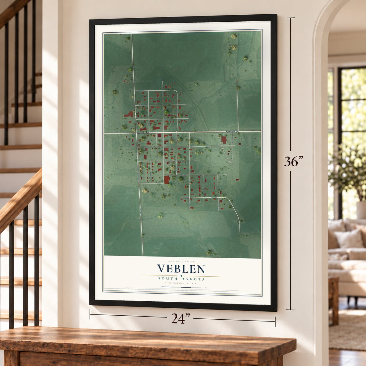 Veblen, South Dakota map, 24 x 36 inch print in a black frame by a staircase
