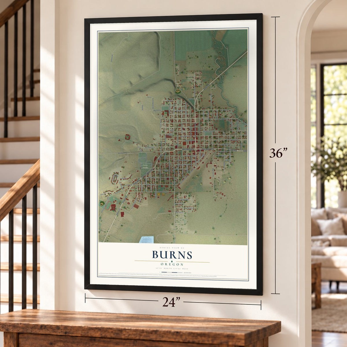 Burns, Oregon map, 24 x 36 inch print in a black frame by a staircase