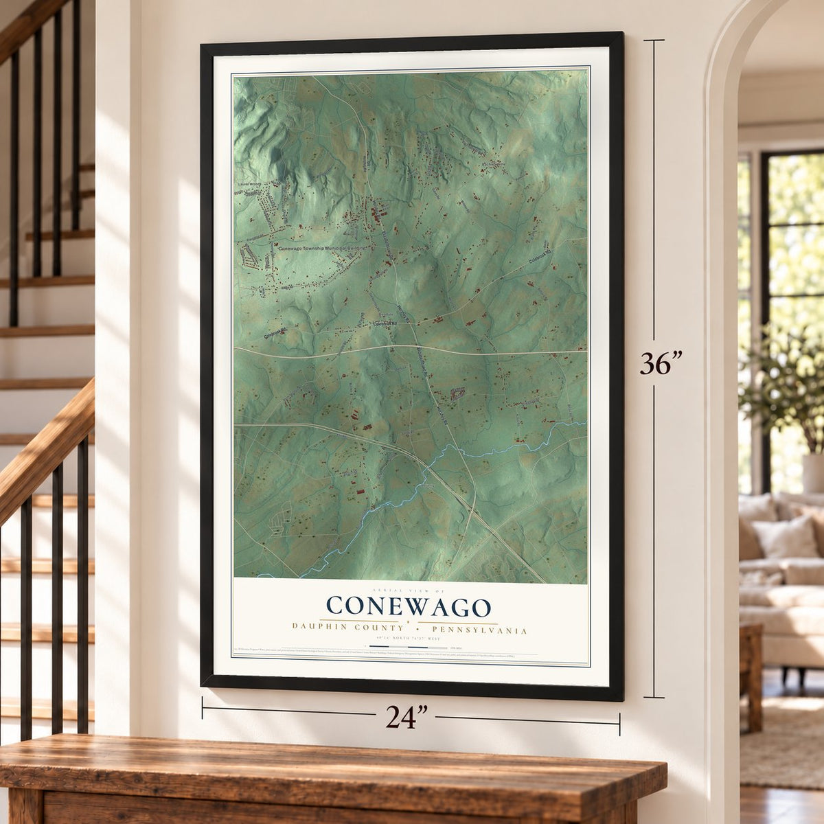 Conewago, Dauphin County, Pennsylvania map, 24 x 36 inch print in a black frame by a staircase