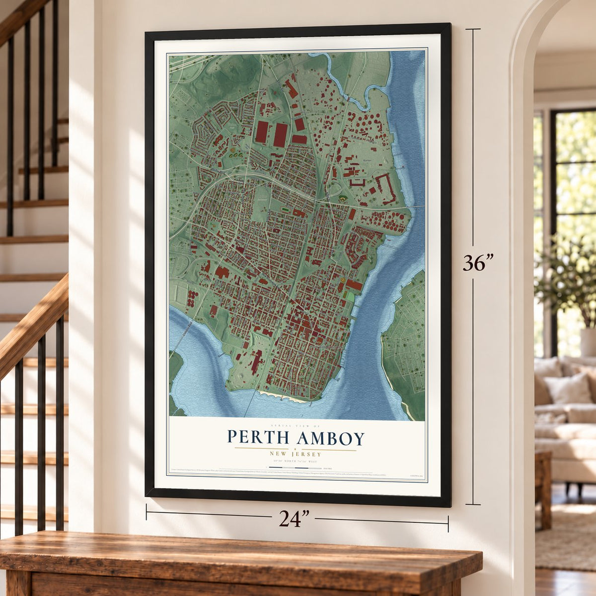 Perth Amboy, New Jersey map, 24 x 36 inch print in a black frame by a staircase