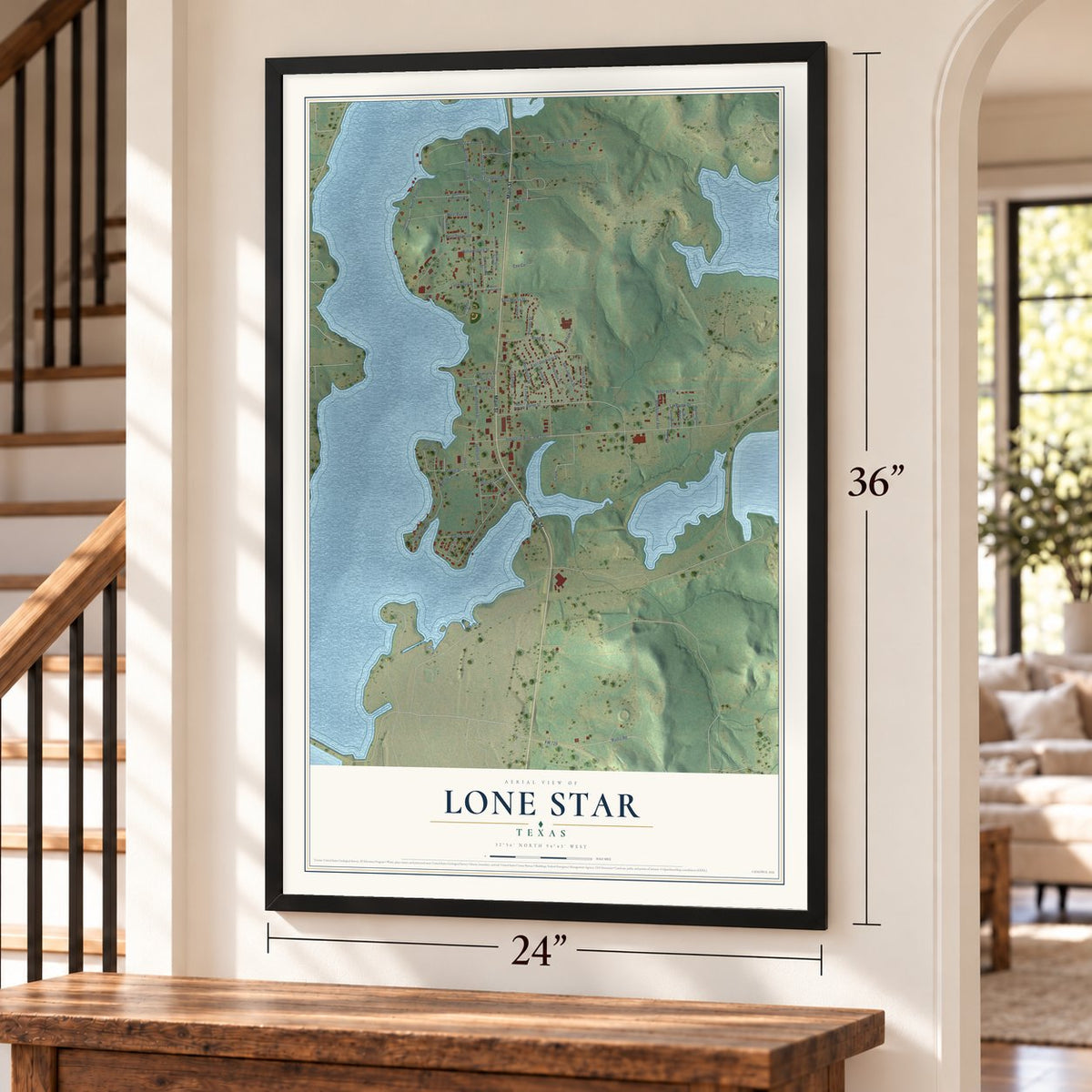 Lone Star, Texas map, 24 x 36 inch print in a black frame by a staircase