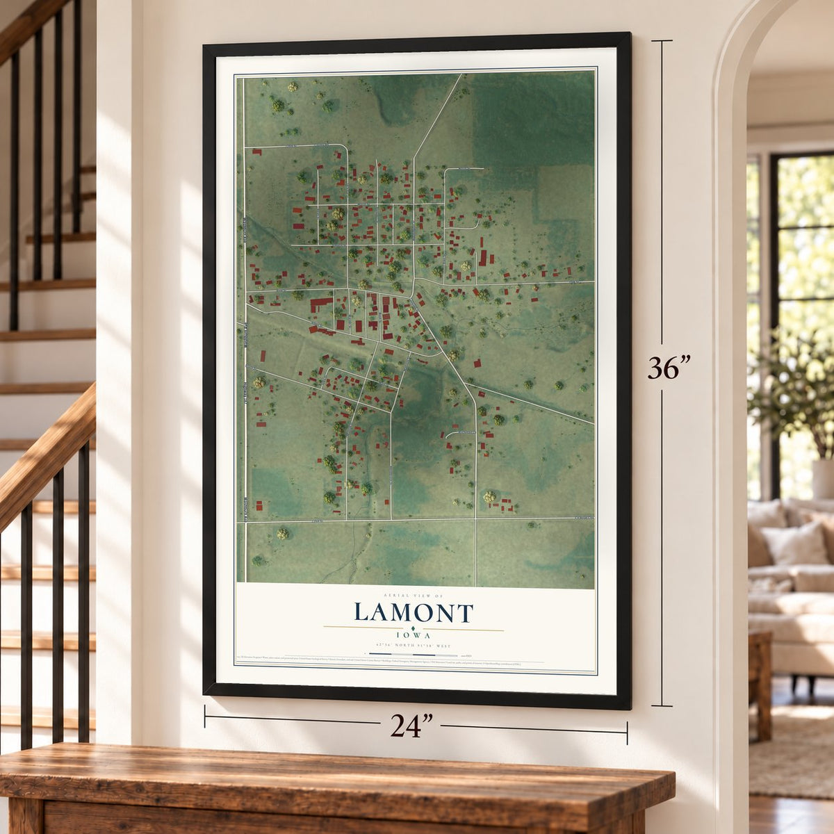 Lamont, Iowa map, 24 x 36 inch print in a black frame by a staircase