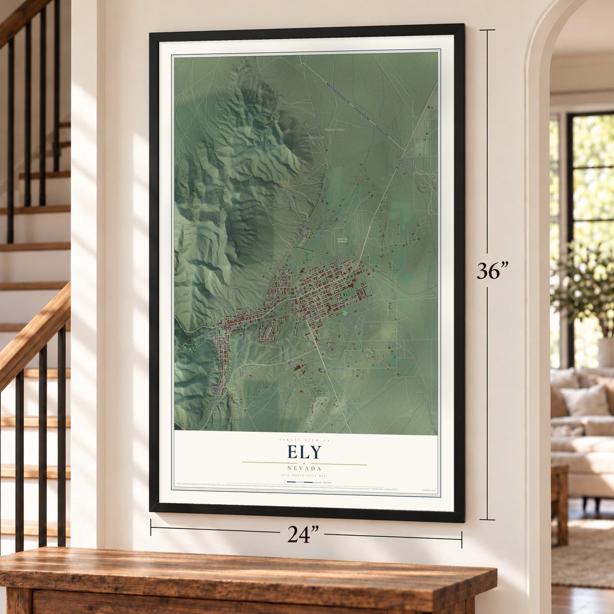 Ely, Nevada map, 24 x 36 inch print in a black frame by a staircase