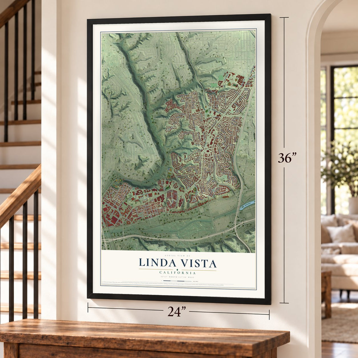 Linda Vista, California map, 24 x 36 inch print in a black frame by a staircase