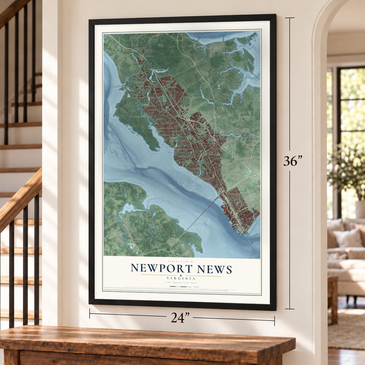 Newport News, Virginia map, 24 x 36 inch print in a black frame by a staircase